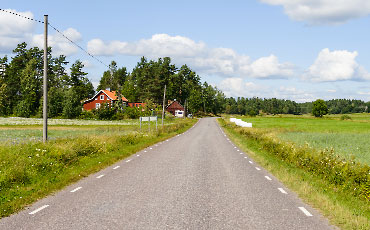 Sommarväg med gröna ängar på båda sidorna av vägen